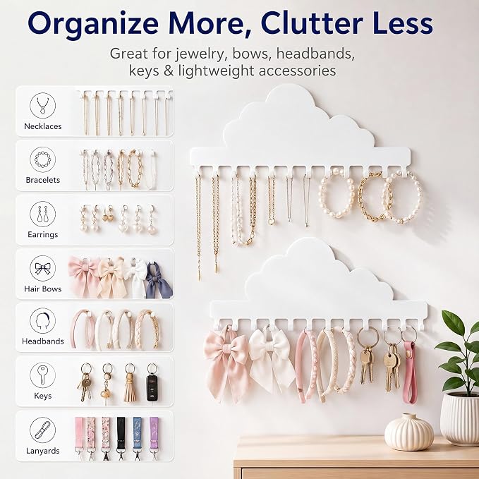 Hicarer 2 Pack White Cloud Necklace Holder Wall Mount with 24 Hooks Adhesive Metal Jewelry Organizer Nursery Wall Decor Kids Room Storage for Earrings Bracelets Rings Keys