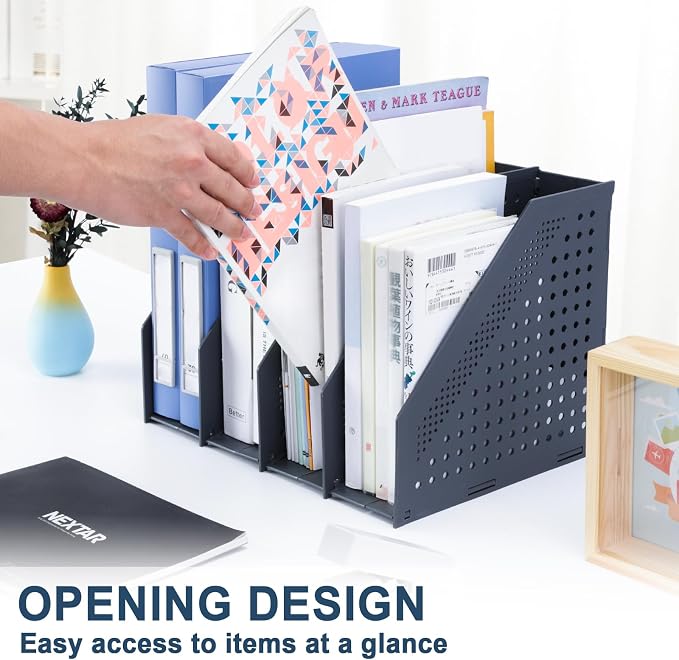 FRETONBA Collapsible Magazine File Holder, 4 Vertical Compartments | Foldable Space-Saving, Sturdy Plastic Binder Holder, Compact for Desk or Shelf, for Office & Home, Easy Access, Dark Gray