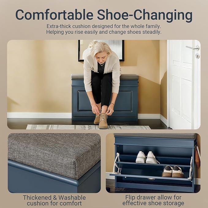 Haotian Shoe Storage Bench with Cushion, Navy Narrow Shoe Rack for Entryway, Small Shoe Cabinet with Flip-Drawer, Closet Hallway Mudroom FSR82-L-B