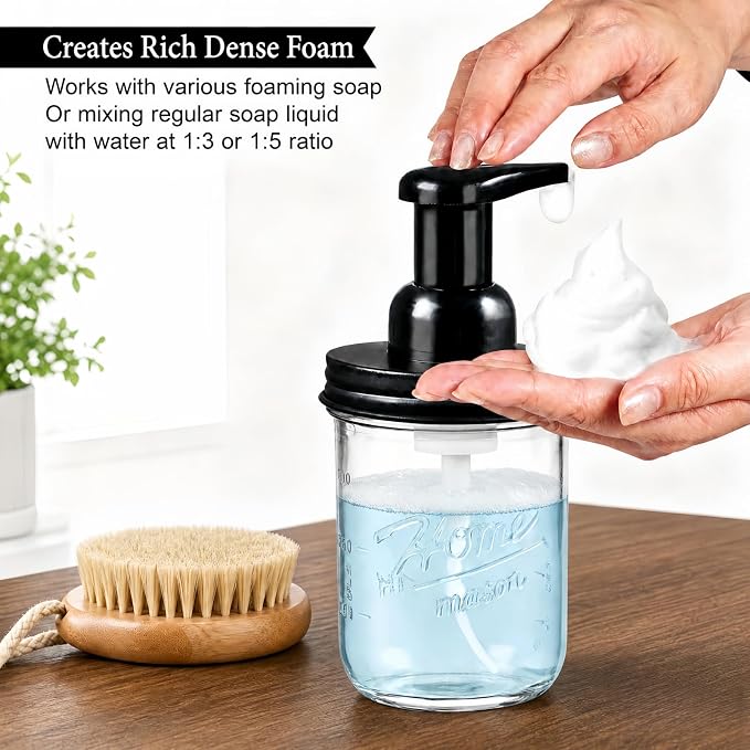 SheeChung Mason Jar Foaming Soap Dispenser, Glass Foaming Hand Soap Dispensers, Stainless Steel Lid, Refillable Foam Soap Dispenser for Bathroom Kitchen, Farmhouse Bathroom Decor (1 Pack, Black)