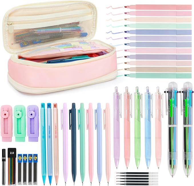 43 PCs Aesthetic School Supplies Kit - Art & Study Set with Pink Pencil Case, 0.5/0.7/2.0mm Mechanical Pencils, 6-Color Ballpoint Pens & Black Ink Gel Pens &12 Pastel Highlighters