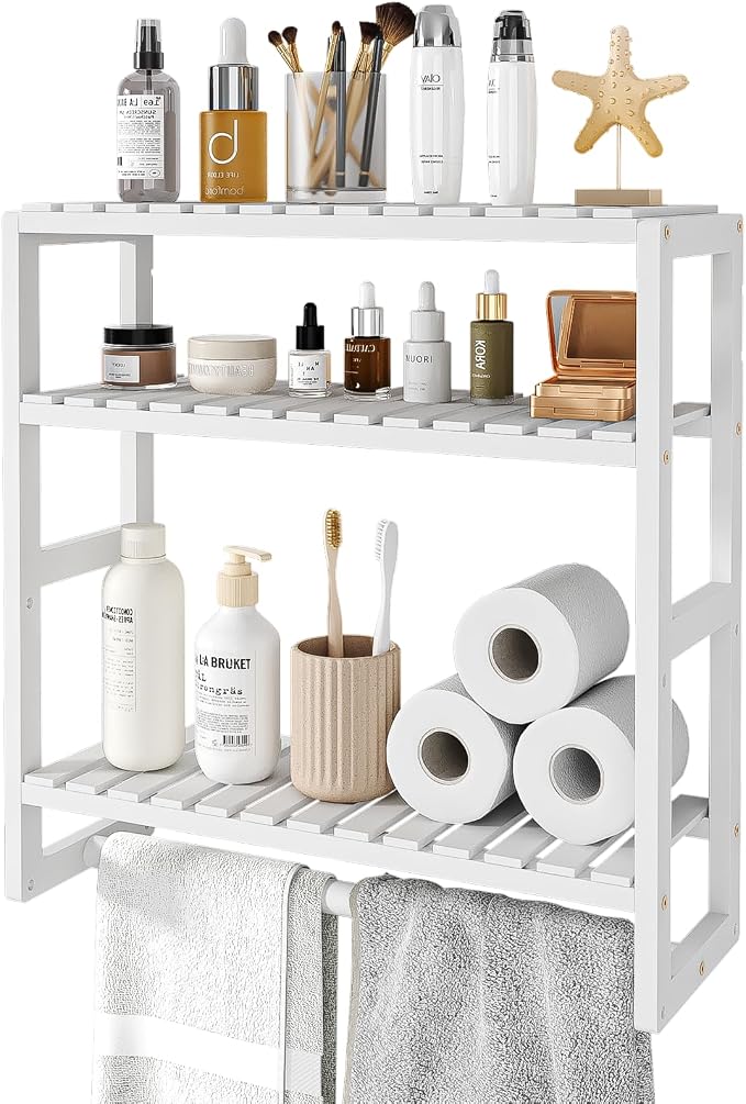 Galood Over The Toilet Storage Bathroom Shelves Wall Mounted 3 Tier Space Saver Corner Shelf Organizer Bamboo Towel Rack Toilet Paper Cabinet with Hanging Rod White