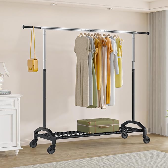 Wiracks Heavy Duty Clothes Rack for Hanging Clothes Extendable Rolling Clothing Rack for Hanging Clothes 350lbs Chrome 51 to 71" W x 16.53" D x 65" to 71" H 3" Industrial Wheels