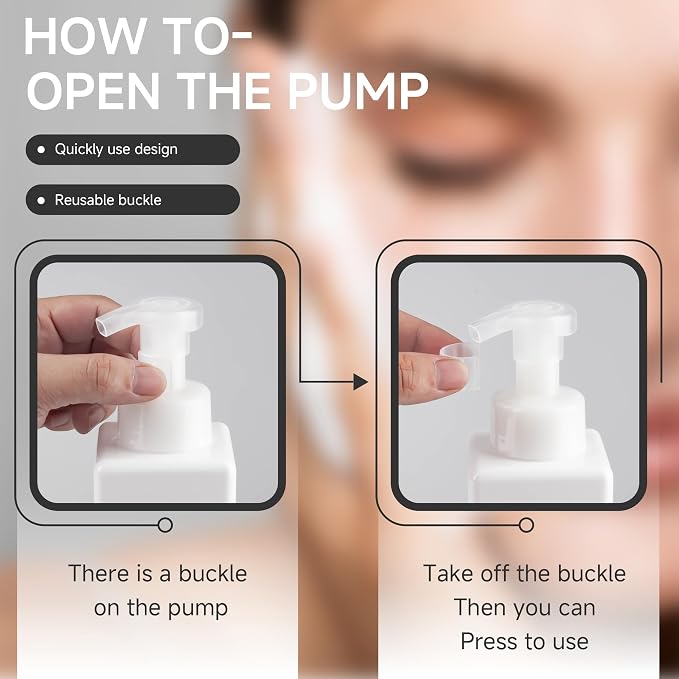 250ML Foaming Soap Dispenser, 2-Pack Plastic Hand Soap Dispenser, Refillable Leakproof Foam Pump Bottle with Waterproof Labels, for Shampoo, Body Wash