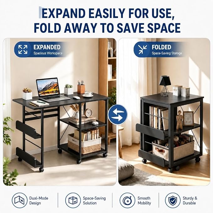Garvee Folding Desk with Wheels, 31.5" Foldable Computer Desk with Storage Shelf, Space Saving Rolling Home Office Desk for Small Spaces, Portable Writing Table with Side Organizer, Black