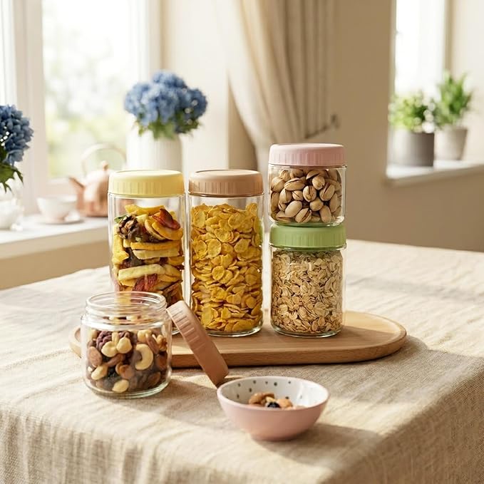 SHOWIN Overnight Oats Containers with Lids, 24oz Glass Jars with Lids 8 pcs, Pink, Wide Mouth Mason jars for Salad, Yogurt, Snacks, Meal Prep