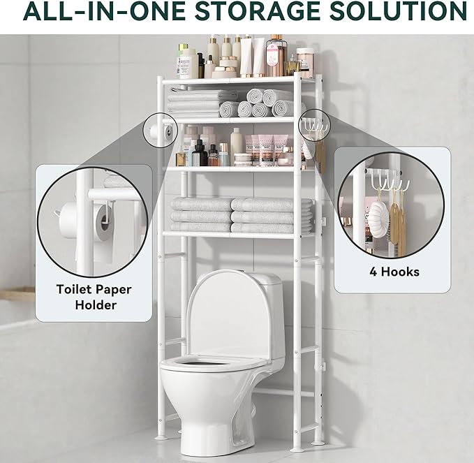 GloTika 4-Tier Over The Toilet Storage Shelves, White | 200lb Total Capacity, Metal Bathroom Organizer with 36" Clearance, Includes Paper Holder & 4 Hooks, Suit for Small Space