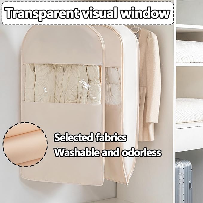 Space Saving Hanging Garment Bag with Self Compression Zipper，Dust Cover Clothes Bags for Down Coat,Dress,Suit，Closet Storage Organizer for Home Travel Use (Pink, XL)