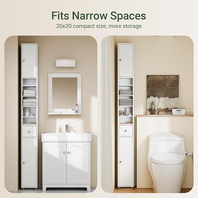 SoBuy Narrow Bathroom Storage Cabinet, 7.8 x 7.8 x 70.8 in, White | Anti-Tipping Narrow Freestanding Bathroom Cabinet With Adjustable Shelves, Slim Storage For Tight Bathroom Corners, BZR34-W
