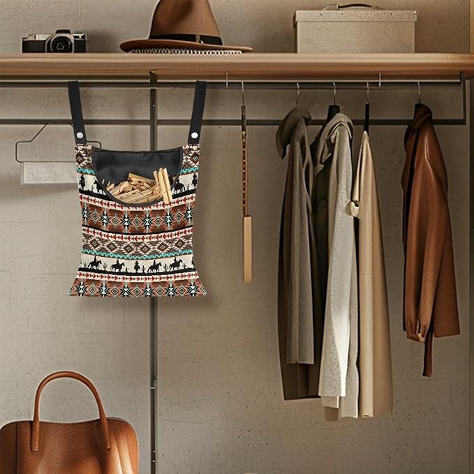 Aztec Tribal Print Clothespin Organizer Bag Hanging Laundry Bag Portable Clothespin Storage with Hanger Hook 2 Ropes for Hanging and Effortlessly Sliding on Clothesline