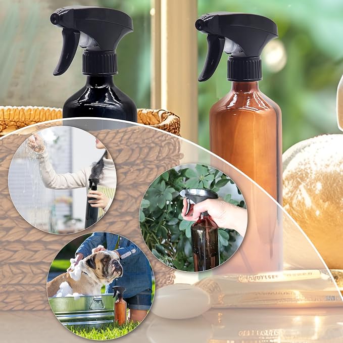 OFFIDIX Glass Spray Bottles for Cleaning,16 OZ 2 Pack Continuous Empty Water Mister Spray Bottles for Hair,Plants Mister,Adjustable Nozzle,Amber