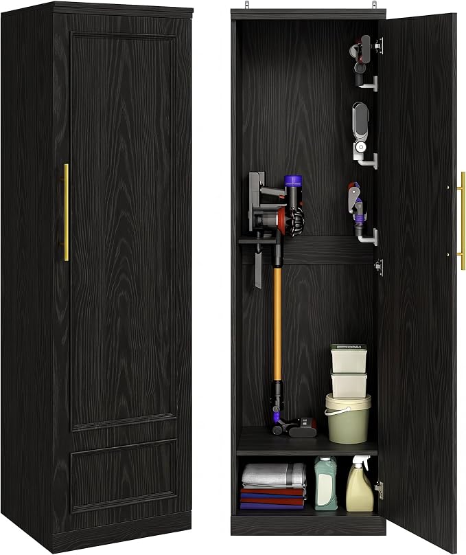 Broom Closet Storage Cabinet, 65" H Slim Utility Closet with Door and Shelf, Tall Vacuum Storage Cabinet with Hooks for Cleaning Tool, Broom Closet Organizer for Bathroom, Garage, Black
