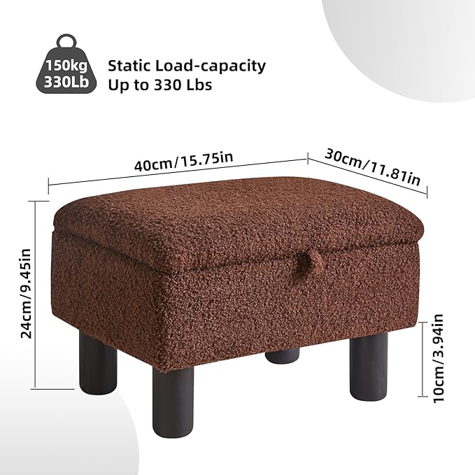 Aibiju Small Foot Stool Ottoman with Storage, Teddy Velvet Foot Rest with Wood Legs and Safety Hinge Flip Top, Bedside Step Stool Rectangle 16x12x9.5inch for Living Room Bedroom Teddy Brown YD-JD136B