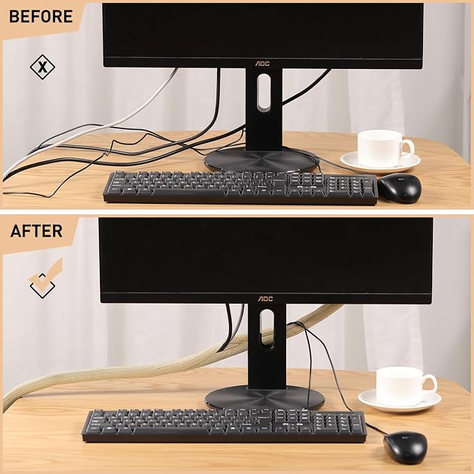 AGPTEK Cable Sleeve, 10ft - 1.5 inch Cable Management, Desk Cord Cover Organizer Wire Hider for Home Office Computer TV Wire Loom Tubing, Pet Proof Cord Protector from Cat Dog Chewing, Wood Color