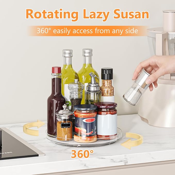 Lazy Susan Turntable Organizer (4 Pack), 9 Inch Non-Skid Clear Rotating Spice Rack for Kitchen Cabinet, Pantry, Fridge, Tabletop, Round Spinning Tray for Bathroom Countertop, Makeup Vanity, Under Sink