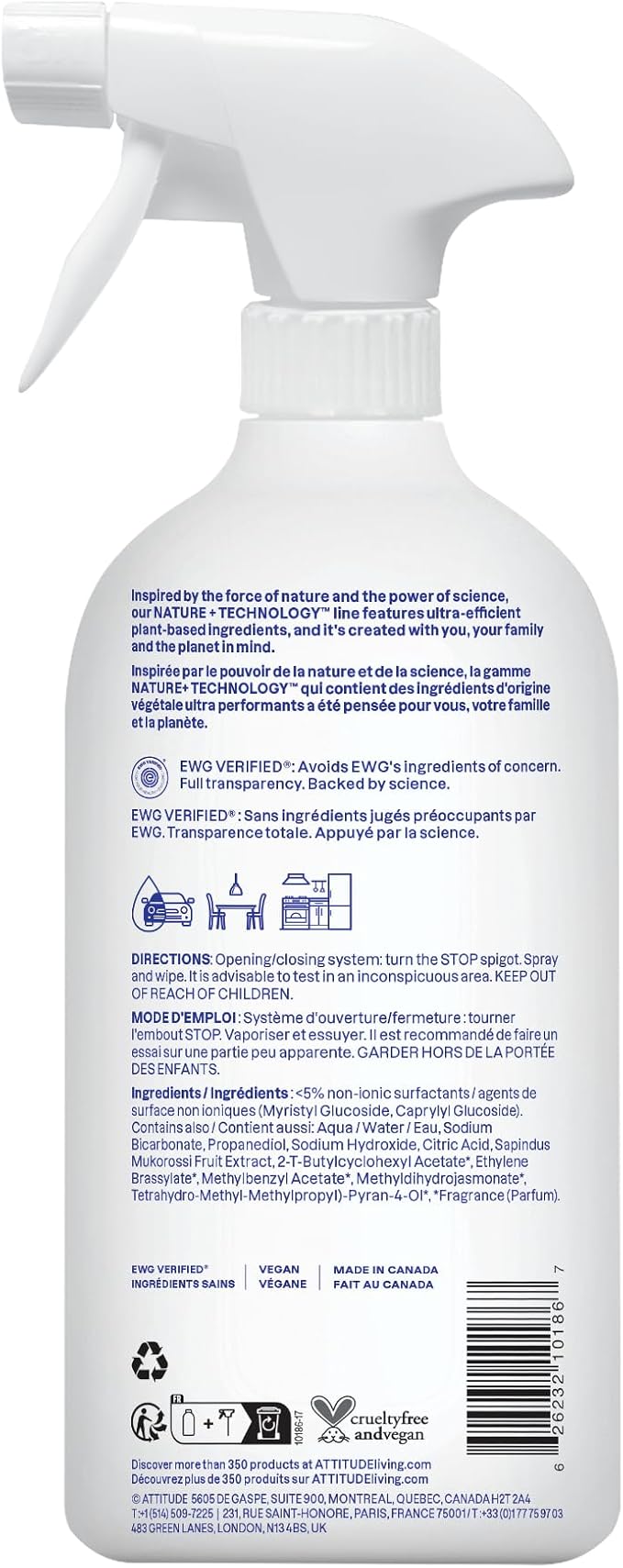 ATTITUDE All Purpose Cleaner Spray, EWG Verified, Vegan, Made with 94% Plant-Based Ingredients, Streak-Free for Kitchen, Bathroom, Glass & More, Pink Grapefruit Scent, 27.1 Fl Oz