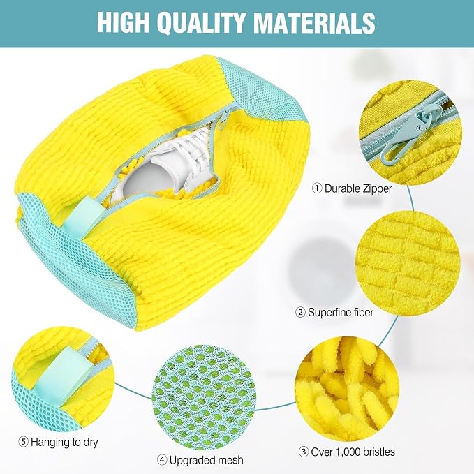 Shoe Washing Machine Bag, Shoe Laundry Bag for Washer and Dryer, Include Dry Net Bag, Reusable and Durable Zipper with Hook Design, Shoe Washing Bag for Sneaker (Yellow, 1 Pack)