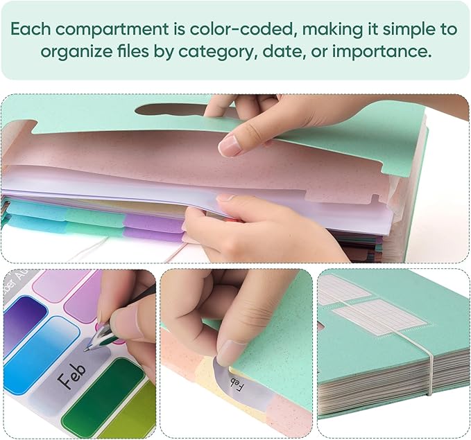 Agoer Accordion File Organizer with 13 Pockets, Wheat Straw Expanding File Folder with Lable Pocket,Upright Open Top,A4/Letter Size Paper Document Storage Organizer for School,Home and Office Supplies