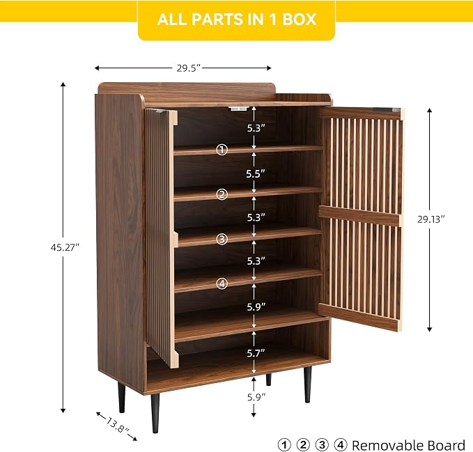 Shoe Cabinet with 2 Doors for Entryway, 21 Pairs Wooden Shoe Storage Cabinet with Adjustable Shelves, Farmhouse Hidden Shoe Organizer for Hallway & Mudroom, Slim Freestanding Shoe Cabinet, Walnut