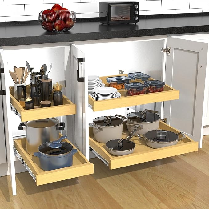2 Tier Pull Out Cabinet Organizer, 11"W x 21"D Solid Wood Heavy-Duty Base Bottom Assembly Slide out Drawer Shel Cabinet Organization for Kitchen, Pantry, Bathroom