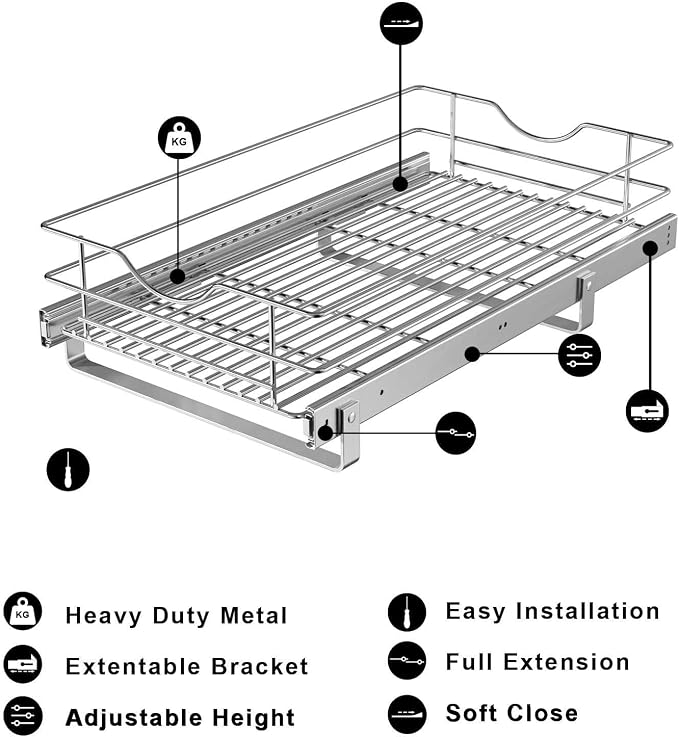 Pull Out Cabinet Organizer, (14½"W x 20" D) Soft Close Slide Out Drawer, 1 Tier Pull Out Cabient Shelf for Kitchen Base Cabinet Under Sink Space, Pantry Organization, Bathroom, Wire Basket