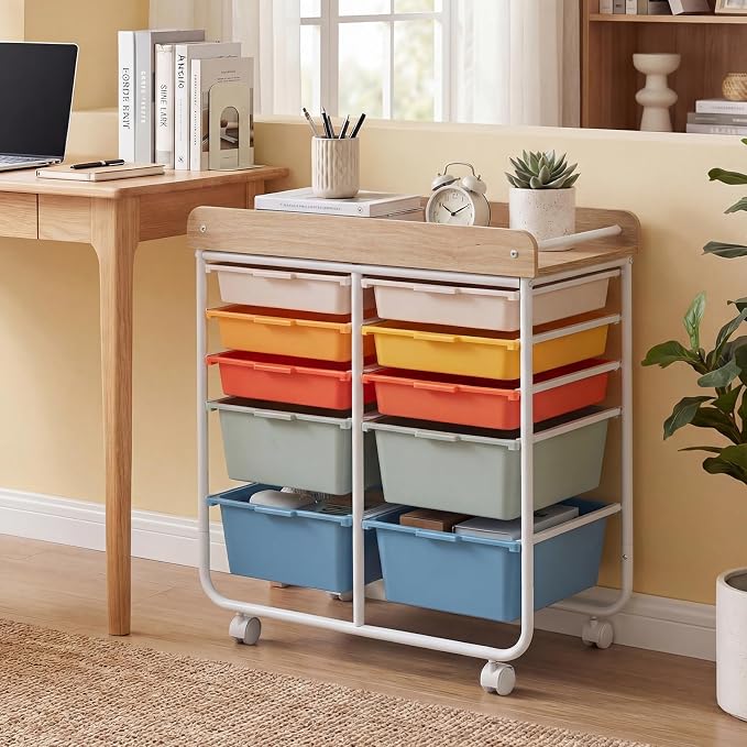 LDAILY Rolling Cart with Drawers, 10 Drawer Rolling Storage Cart with Wooden Tabletop, Metal Frame & Lockable Wheels, Craft Organizers and Storage for Home Office Classroom (Macaron, 10 Drawer)