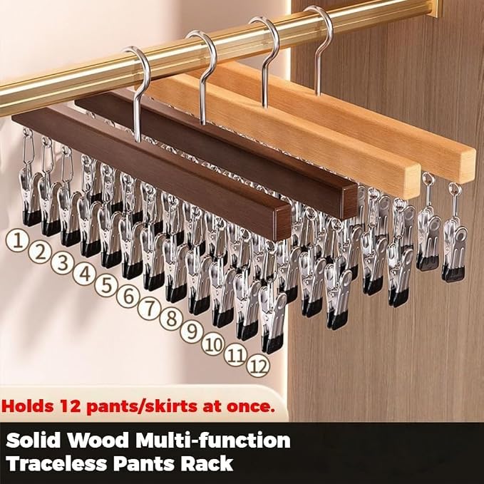 Wooden Closet Organizer Hanger with 12 Clips, Space Saving Hanging Organizer for Hats Scarves Jeans Skirts Socks Pants, 15 Inch, 360° Swivel Hook (1, Brown)