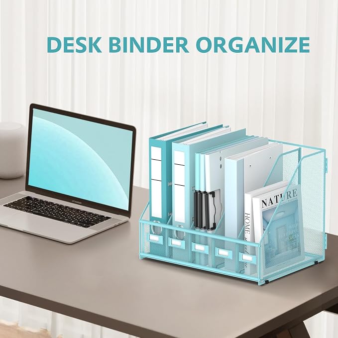 5 Vertical Compartments Magazine File Holder, Metal Binder Organizer, Blue | Space-Saving Desktop Storage, Built-In Label Holders, Anti-Slip Feet, Sized for Binders, Folders, Magazines and Files