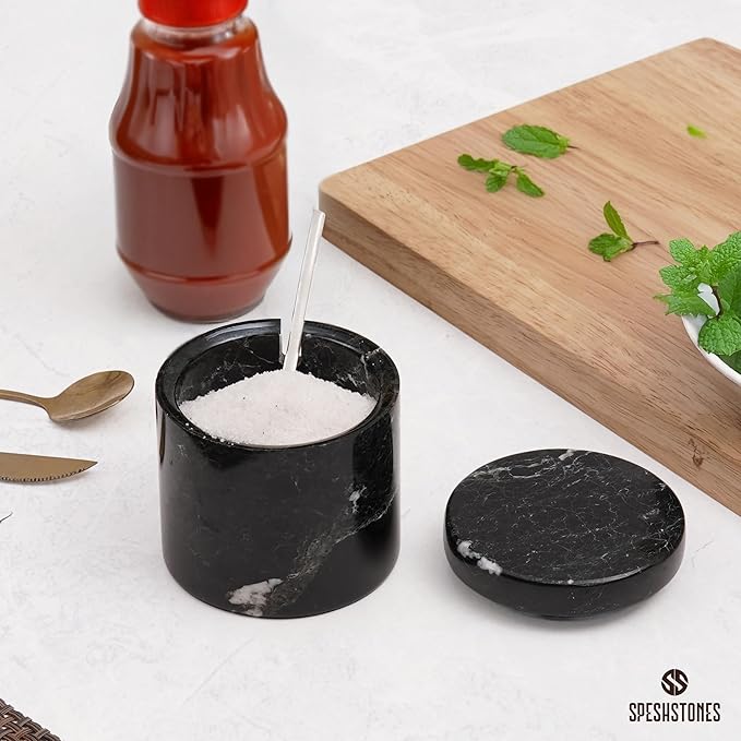 Marble Salt Cellar 3 Inch Black Table Salt Containers for Countertop - Sugar Bowl With Lid, Salt Holder, Spice Jars, Salt Box for Seasoning Storage Container, Salt Dish for Kitchen Decor