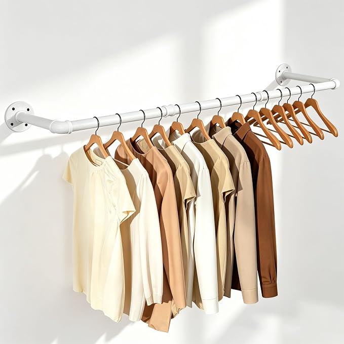 Industrial Iron Pipe Clothes Hanging Bar DIY Wall-Mounted Garment Rack Heavy Duty Clothing Rack for Bedroom, Laundry Room, Closet Storage (White 40 inch)