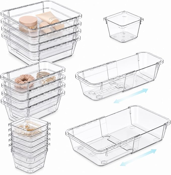 14 Pcs Extendable Clear Drawer Organizer, Adjustable Plastic Storage Bins, 3-Size Transparent Drawer Organizer Storage Tray for Makeup, Cosmetics, and Gadgets