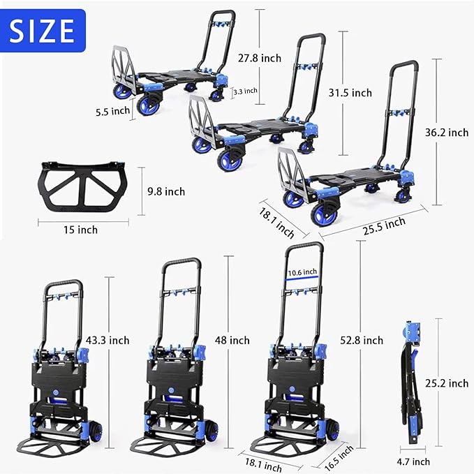 Folding Hand Truck Dolly with Folding Basket, 330LBS Capacity Carts with Wheels 2 in 1 Platform Truck, Push Cart Dolly with 4 Wheels and Retractable Handle