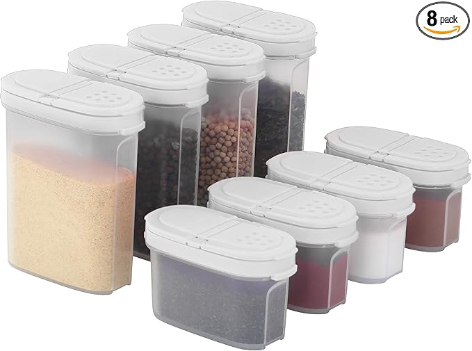 SIGNORA WARE Plastic Spice Containers – Spice Jar Set 8 Pack, 4 Mini, 4 Large – Spice Jars to Store Spices, Herbs, Marinade, Sugar, Salt, Pepper – Refillable Airtight Small Spice Jars with 2 Way Lids