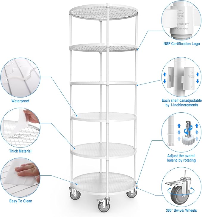 6 Tier NSF Metal Shelf Round Corner Wire Shelving Unit, 2400lbs Capacity Heavy Duty Adjustable Storage Rack with Shelf Liners for Kitchen Garage Office Etc Room Corner, 85.5"H x 30"L x 30"D - White