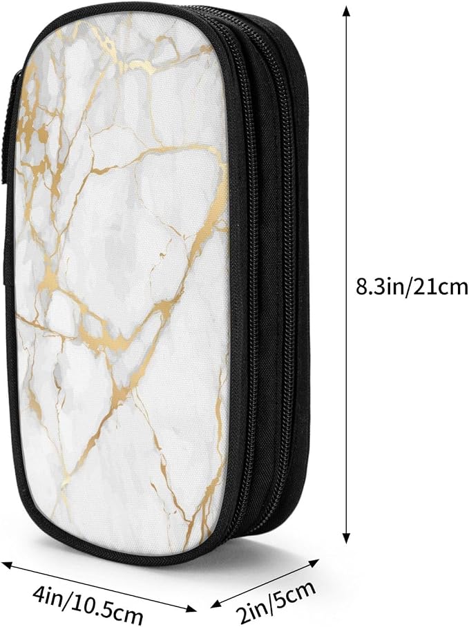 Perinsto Golden And White Marble Print Pencil Case Big Capacity Multi Compartment Stationery Box Pencil Pouch Holder Desk Organizer For School Office Home