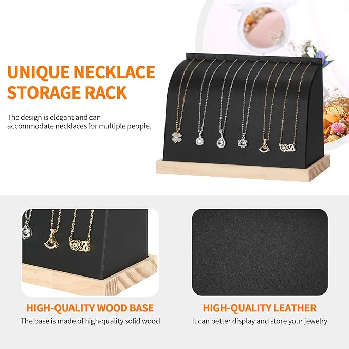KUKUVR PU Cambered Necklace Display Stand for Women, Wood Base Jewelry Holder Rack for Necklace Pendant Bracelet Chains, Necklaces Storage Organizer Showcase for Selling Vendors exhibition (Black)