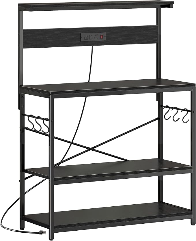 SUPERJARE Bakers Rack with Power Outlets, Microwave Stand, 39.4 X 14.3 Inch Larger Desktop, Kitchen Storage Rack with Adjustable Middle Shelf, 6 S-Shaped Hooks, Coffee Bar Stand, Black