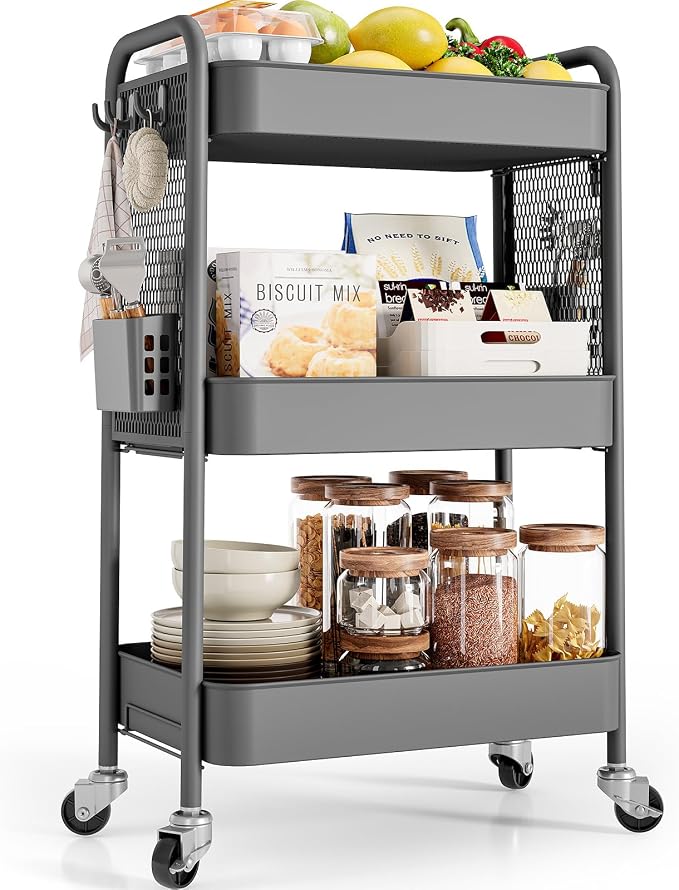 TOOLF 3 Tier Rolling Cart Storage Organizer, Metal Rolling Utility Cart with Wheels, Hooks & Bins Esthetician Craft Art Sturdy Storage with Pegboard for Bathroom, Kitchen, Office, Nursery Diaper