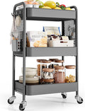 TOOLF 3 Tier Rolling Cart Storage Organizer, Metal Rolling Utility Cart with Wheels, Hooks & Bins Esthetician Craft Art Sturdy Storage with Pegboard for Bathroom, Kitchen, Office, Nursery Diaper