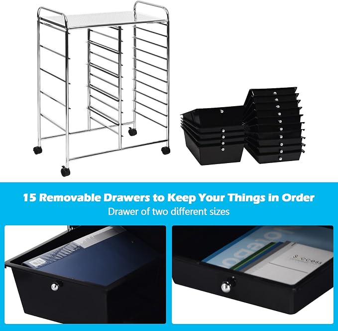 LUARANE Rolling Cart with 15 Drawers, Craft Storage Cart with Portable Handles & Lockable Wheels, Mobile Toys Organizer, Large Capacity Utility Drawer Cart Home Office School Teacher (Black)