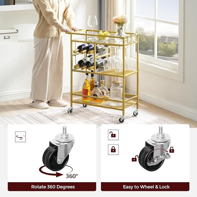 MAHANCRIS Bar Cart for Home, 3-Tier Serving Cart with Wheels and Handle, Beverage Cart with Wine Rack and Glass Holders, Rolling Wine Cart for Kitchen, Dining Room, Gold RCJ61B01