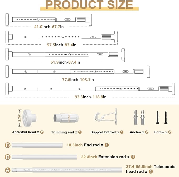 White Tension Curtain Rod 41-118In(4-9Ft), Outdoor Curtain Rod No Drilling for Window or Patio,Heavy DutyShower Rodfor Bathroom,Rod Diameter 1.26In-One-bond stretching