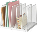 LEKETREE Small Desk File Organizer, 5-Section Upright File Sorter, Vertical File Folder Holder, Mesh Metal Wood Office Desktop Organization for Document, Magazine, Books and more (White)