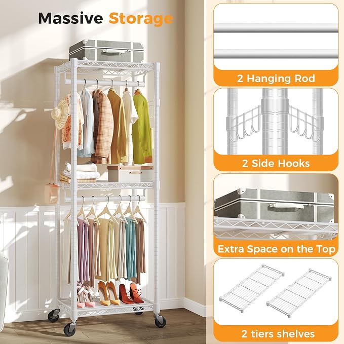 OLIXIS Clothes Rack Heavy Duty Adjustable Garment Clothing Rack with Wheels, Rolling Metal Freestanding Closet Organizer for Hanging Clothes with 2 Side Hooks, Double Rods, 23" x 15" x 75", White