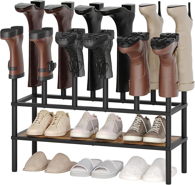 YATINEY Shoe and Boot Rack Organizer, Tall Boots Rack for Closet, Cowboy Shoes Storage, 3 Tier Shoe Racks Organizer Holds 10 Pairs, Black and Rustic Brown SS09BRY1