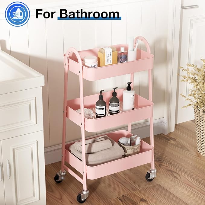 DUMOS 3 Tiers Rolling Cart, Utility Cart, Metal, Pink | Mobile Storage, Lockable Wheels, Utility Shelving Unit, Kitchen, Bathroom, Laundry, Narrow Places