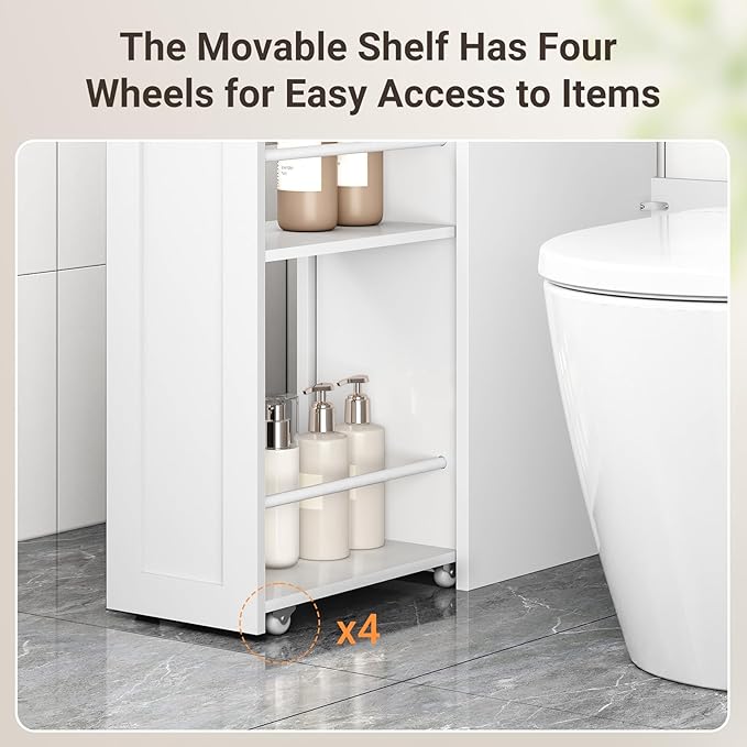 ELYKEN Over The Toilet Storage Cabinet with Pulley Bathroom Storage Cabinet, Home Space-Saving Over Toilet Rack with Glass Doors & Open Adjustable Shelf for Bathroom, Restroom, Laundry, White