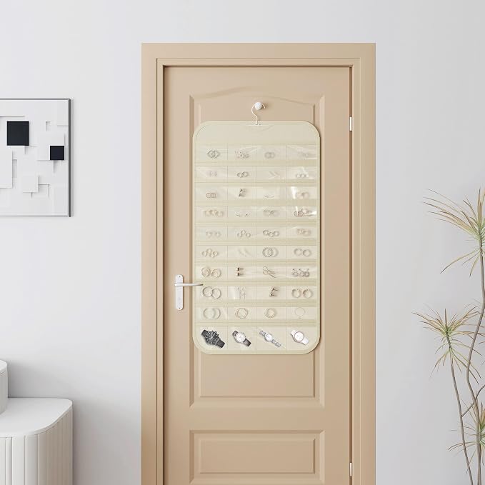 Hanging Jewelry Organizer 80-Pocket Double-Sided Storage, 1-Pack, Beige