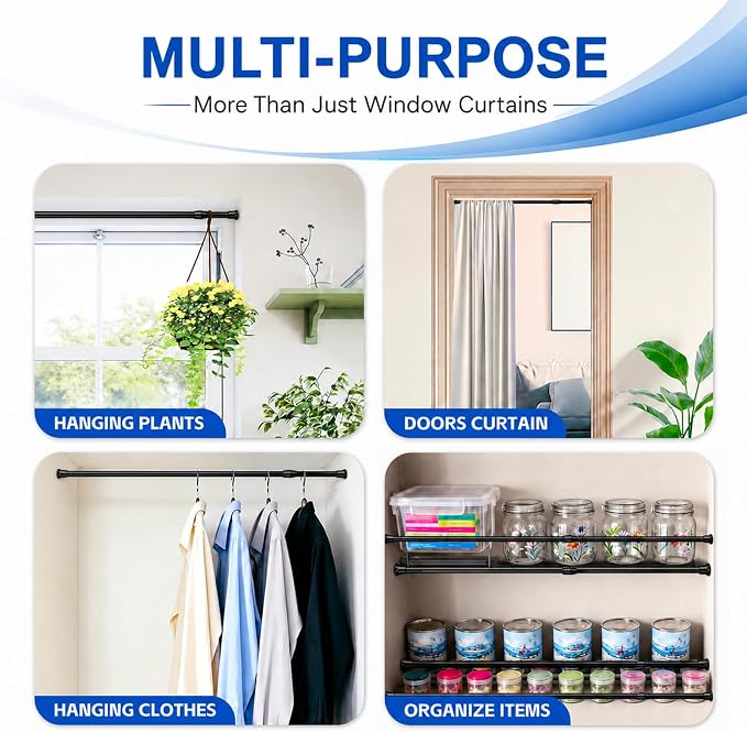2 Pack Tension Curtain Rod 15.7-28 Inch, Small Short Adjustable Extendable Spring Loaded Rods for Windows Cabinet Blinds Closet Bedroom Kitchen Bathroom Door No Drilling, Black