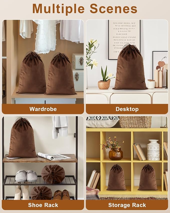 4 Pcs Shoe Bags for Travel, Dust Velvet Bag, Mocha Mousse, 17.3x12.6 Inch | Washable & Reusable Travel Shoe Bags, Dustproof Shoe Bags with Drawstring Closure, Suitable for Travel, Home Storage